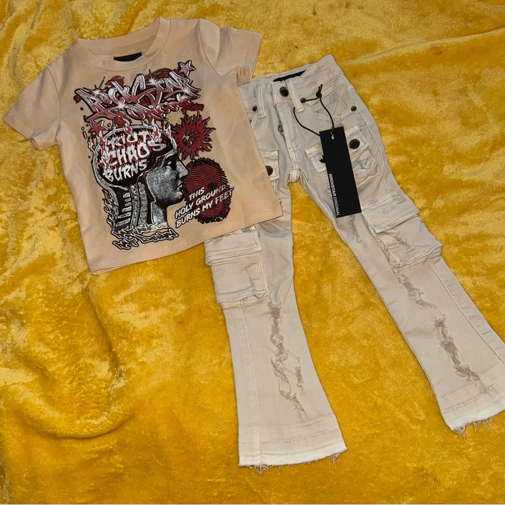 Kids Graphic Tee and Distressed Pants Set - Beige